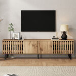 Meuble tv 180 cm en bois naturel, lowboard avec 8 compartiments de rangement, console tv pour 70 pouces, ...