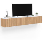 Meuble tv 180 cm suspendu juliette plateau effet marbre lattes tasseau bois coloris ch�ne