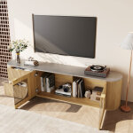 Meuble tv avec 2 portes 3d, 2 tiroirs et vitrine ovale en verre gris, style minimaliste, 172�38�45, 5 ...