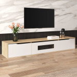 Meuble tv avec 2 portes rainur�es et led 16 couleurs, brillance, style moderne, effet bois, en panneau ...
