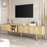 Meuble tv avec 2 portes, 2 tiroirs et 2 niches ouvertes, pieds m�tal dor�, style moderne, 160�36�42 cm, ...