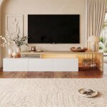 Meuble tv 200 cm banc tv effet bois avec �clairage led r�glable, 3 portes, 2 �tag�res en verre, pour ...