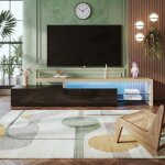 Meuble tv 200 cm banc tv effet bois avec �clairage led r�glable, 3 portes, 2 �tag�res en verre, pour ...