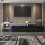 Meuble tv 200 cm avec led, 3 portes et �tag�res en verre, moderne meuble banc tele bas, meuble t�l� pour ...