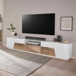 Meuble tv 220x43cm mur bois blanc salon moderne fergus wood
