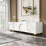 Meuble tv avec 4 portes push - to - open et �tag�res, charni�res amorties, poign�es et pieds dor�s, blanc, ...