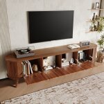 Meuble tv avec 4 portes rabatables et pieds en bois, style vintage noyer, en mdf et panneaux de particules, ...