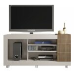 Meuble tv 55 pouces blanc et ch�ne 6 niches sur roulettes