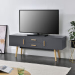 [en. casa] ? meuble tv moderne 140 x 40 x 56 cm ? panneaux m�lamin�s gris fonc� ? 2 tiroirs et 2 compartiments ...