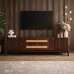 Meuble tv bas 170 cm en bois massif et rotin, style maison de campagne, 2 tiroirs, 2 portes coulissantes, ...