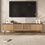 Meuble tv bas 190x35x45 cm design unique, rangement multim�dia, panneaux de bois, noyer