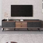 Meuble tv bas noir et bois naturel avec 2 tiroirs, 2 portes coulissantes et texture exquise, 160x40x58 ...