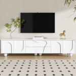 Meuble tv blanc 180�40�42 cm, buffet t�l� moderne avec 4 portes et 2 tiroirs - pieds en bois - rangement ...