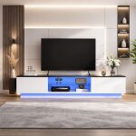 Meuble tv blanc avec lumi�res led, moderne meuble t�l� longueur 140 cm avec 2 portes et 2 �tag�res ouverts, ...
