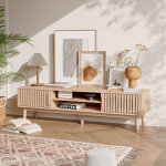 Meuble tv 150 cm style scandinave - bois naturel, 2 portes coulissantes, �tag�res ouvertes, poign�es ...