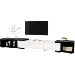 Meuble tv extensible 140 - 260 cm ? pivotant, effet marbre noir, blanc mat, ornements dor�s