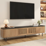 Meuble tv moderne 190x35x45 cm - 4 portes persiennes - angles arrondis - pieds en fer - mdf - naturel ...