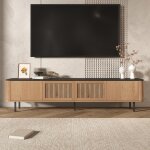 Meuble tv moderne 190x35x45 cm - banc tv avec 4 portes � grille au design scandinave - grand rangement ...