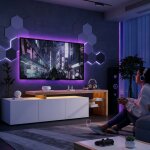 Meuble tv moderne 200cm, banc tv avec �clairage led r�glable et 3 portes, 2 �tag�res en verre, espace ...