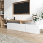 Meuble tv moderne, blanc laqu�, aspect bois, 3 portes, �tag�res en verre, �clairage led, meuble de salon, ...
