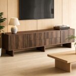 Meuble tv noyer fonc� 180x40x56 cm, 4 tiroirs, 2 portes, design ondul�, compatible tv jusqu'� 75 pouces ...
