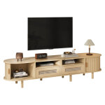Meuble tv ovale 170 cm bois clair avec rattan, 2 tiroirs et portes coulissantes pour tv 70''