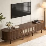 Meuble tv 180 cm ovale noyer fonc�, design rotin, avec compartiment rabattable 180x40x40 cm