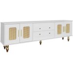 Meuble tv r�tro poign�es dor�es portes verre pieds bois massif