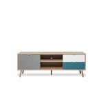 Meuble tv 1 porte 2 tiroirs 150x40x52 cm naturel et bleu - bauleo