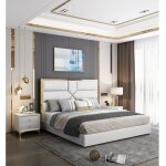 Lit coffre design effet laiton dalia - blanc - 140x190, polyuréthane, style art déco, 203 x 150 x 140 ... Lit coffre design effet laiton dalia - blanc - 140x190, polyuréthane, style art déco, 203 x 150 x 140 ...
