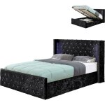 Lit velours coffre led grand t�te de lit osmos - velours noir - 180x200, style baroque, 219 x 204 x 113 ...