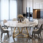 Meubler design table de salle  manger ronde moderne effet marbre blanc et pied dor dorone, mtal finition ...