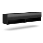 Meublorama - meuble tv suspendu design cluj, 140 cm, 1 porte et 2 niches, coloris noir et noir brillant. ...
