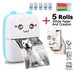 Mini imprimante thermique bluetooth portable, 5 rouleaux papier adh�sif, compatible android / ios, bleu ...