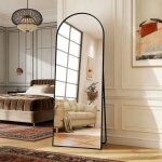 Miroir arqu� sur pied et mural 164 x 54 cm - cadre aluminium noir, pleine longueur