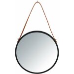 Miroir mural rond borrone, miroir avec cadre m�tallique noir et lani�re de suspension en similicuir, ...