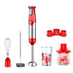 Mixeur plongeant sans fil 100 w + accessoires 5 en 1 - rouge, 2 vitesses, lames en acier inoxydable