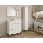 Abitare - mobile salle de bain sur le sol 80 cm blanc brillant avec miroir - foggia - blanc brillant ...