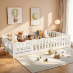 Montessori lit de sol pour enfant 90x200 cm en bois massif pin, lit caban avec sommier � lattes, lit ...