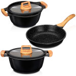 Mpm - smile wood batterie de cuisine 3 pcs, induction, fonte d'aluminium couvercles verre tremp noir ...