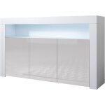 Buffet de salon bas 3 portes avec led bleue 155x91, 5x37cm meuble de rangement mod�le aker couleur blanc ...