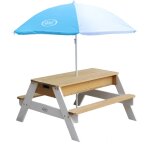 Nick table sable et eau / pique nique avec parasol en bois marron et blanc 95 x 97 x 48 cm avec couvercle, ... Nick table sable et eau / pique nique avec parasol en bois marron et blanc 95 x 97 x 48 cm avec couvercle, ...