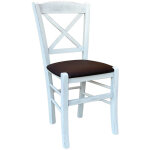 Chaise country en bois avec croix blanche antique avec assise en simili - cuir marron