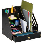 Organiseur bureau, 3 porte - documents, 3 tagres, 2 porte - stylos, 1 tiroir, cole, diy, mdf, noir ...