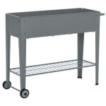 Jardini�re sur pieds potager dim. 104l x 39l x 80h cm �tag�re 2 roues + insert d'irrigation m�tal gris ...