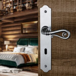 Ouvre&d�co - 2 poign�es de porte noble entr�e de cl�, plaque fine minimaliste, fer patin� gris entraxe ...