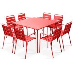 Ensemble table de jardin carr�e et 8 fauteuils en m�tal rouge - palavas