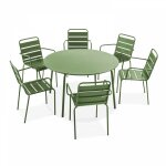 Oviala - ensemble table de jardin ronde et 6 fauteuils acier vert cactus - palavas