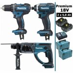 Makita - pack premium 18v 5ah: perceuse 62nm ddf482 + perforateur 2j dhr202 + visseuse 165nm dtd152 + ...