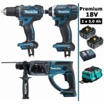Makita - pack premium 18v 5ah: perceuse 62nm ddf482 + perforateur 2j dhr202 + visseuse  chocs 165nm ...